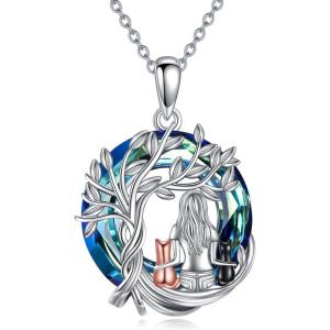 YFN Cat Necklace Sterling Silver Jewelry for Women Cat Jewelry Gifts(Blue-Cat Crystal Necklace)
