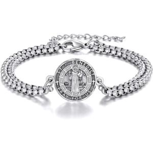 YFN Patron Saint Bracelet Sterling Silver Religious Protector Bracelet Jewelry Gift for Women Men(A-St Benedict Large)