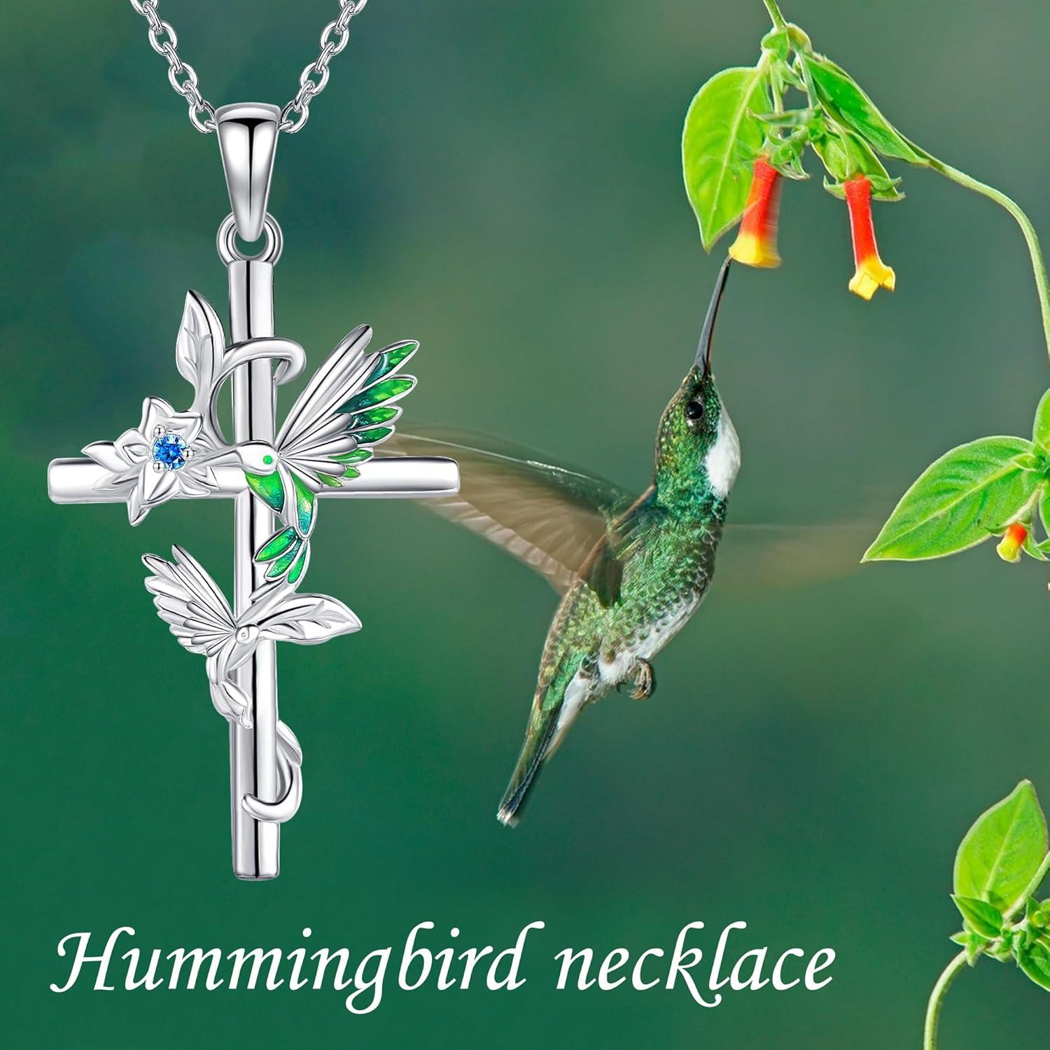 image:imageYFN Hummingbird Necklace 925 Sterling Silver Hummingbird Cross Pendant Necklace Bird with Flower Jewelry Gifts for Women