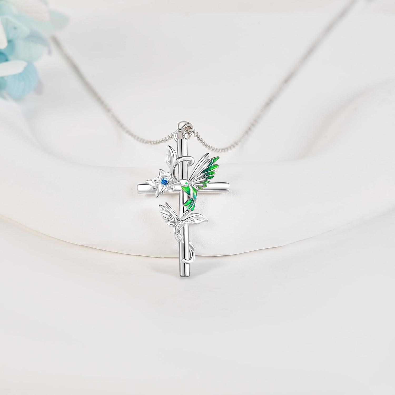 image:imageYFN Hummingbird Necklace 925 Sterling Silver Hummingbird Cross Pendant Necklace Bird with Flower Jewelry Gifts for Women