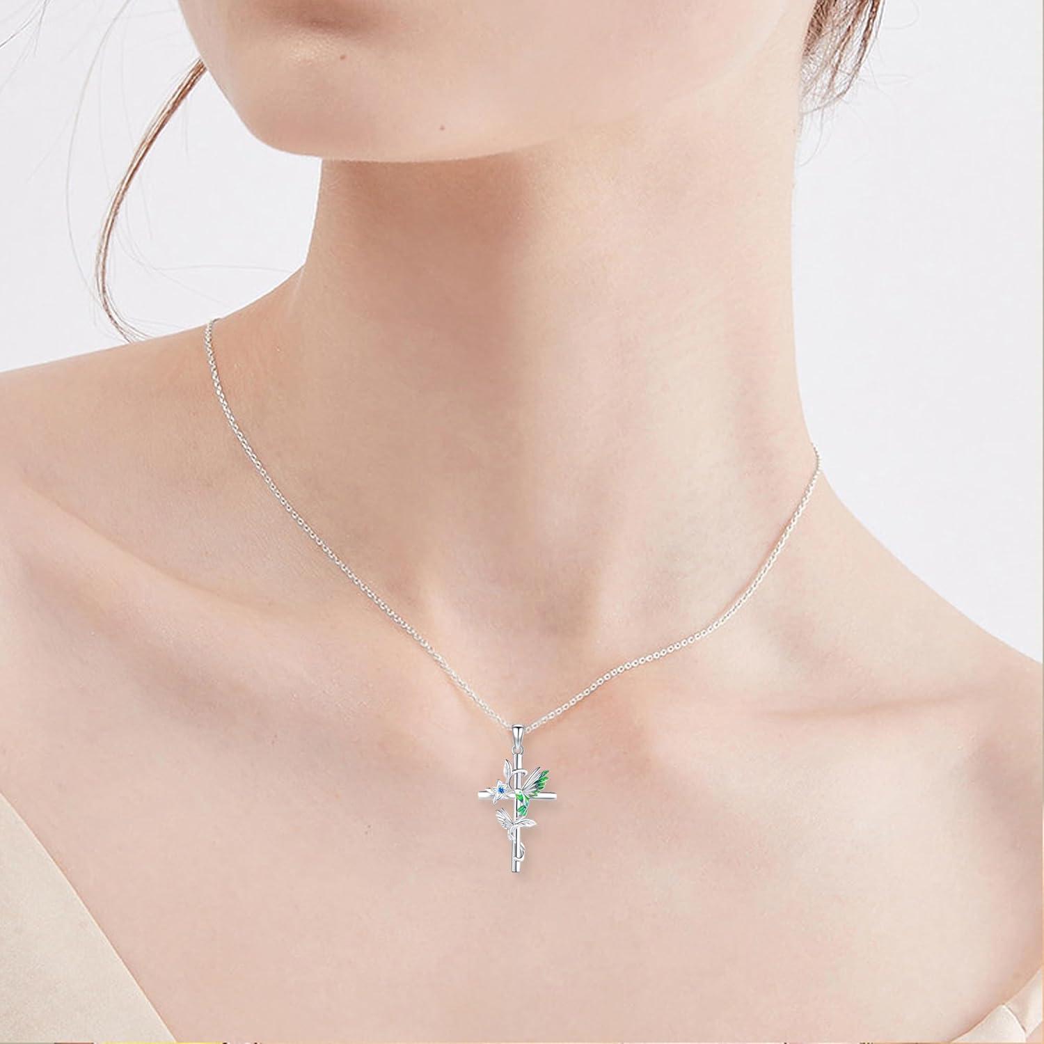 image:imageYFN Hummingbird Necklace 925 Sterling Silver Hummingbird Cross Pendant Necklace Bird with Flower Jewelry Gifts for Women