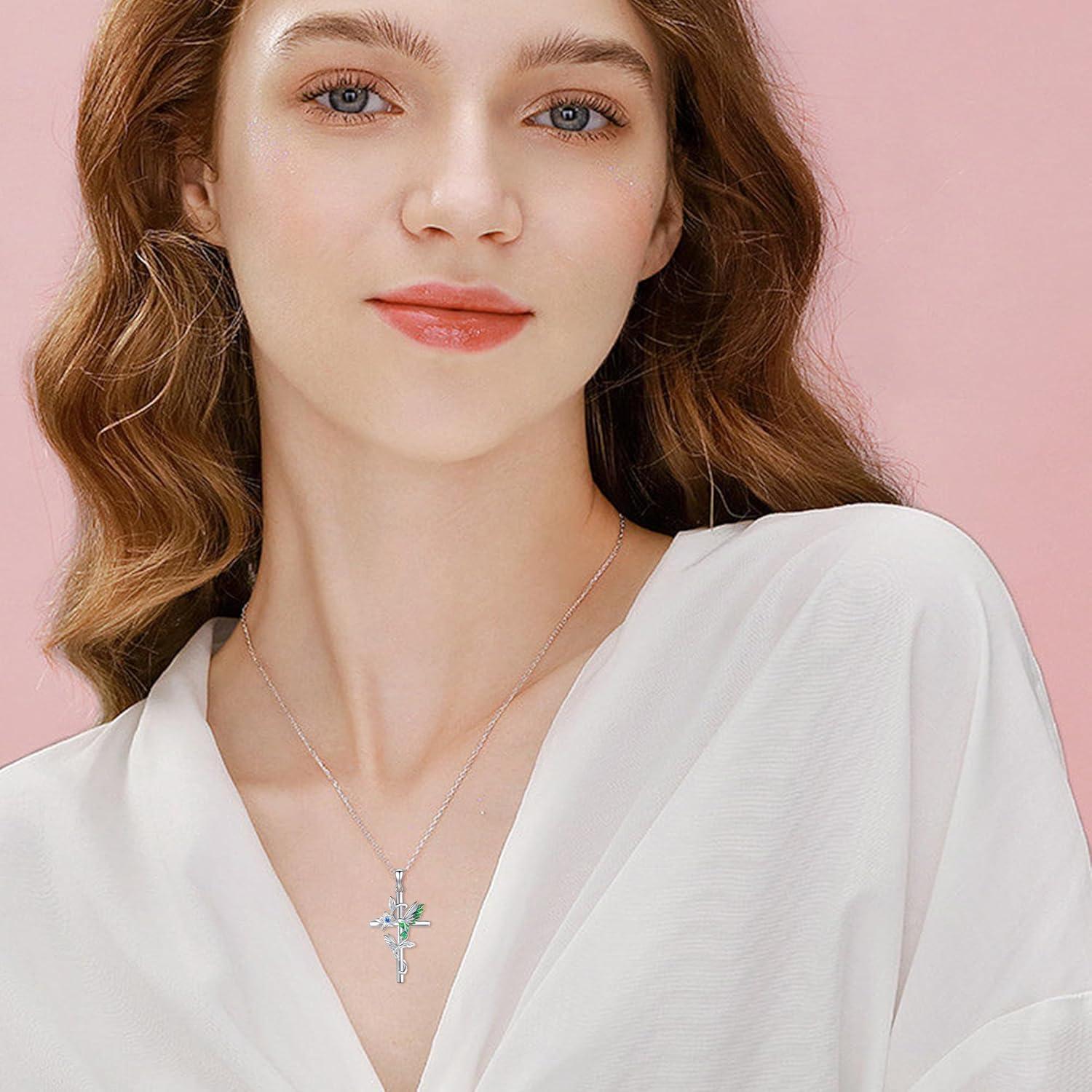 image:imageYFN Hummingbird Necklace 925 Sterling Silver Hummingbird Cross Pendant Necklace Bird with Flower Jewelry Gifts for Women