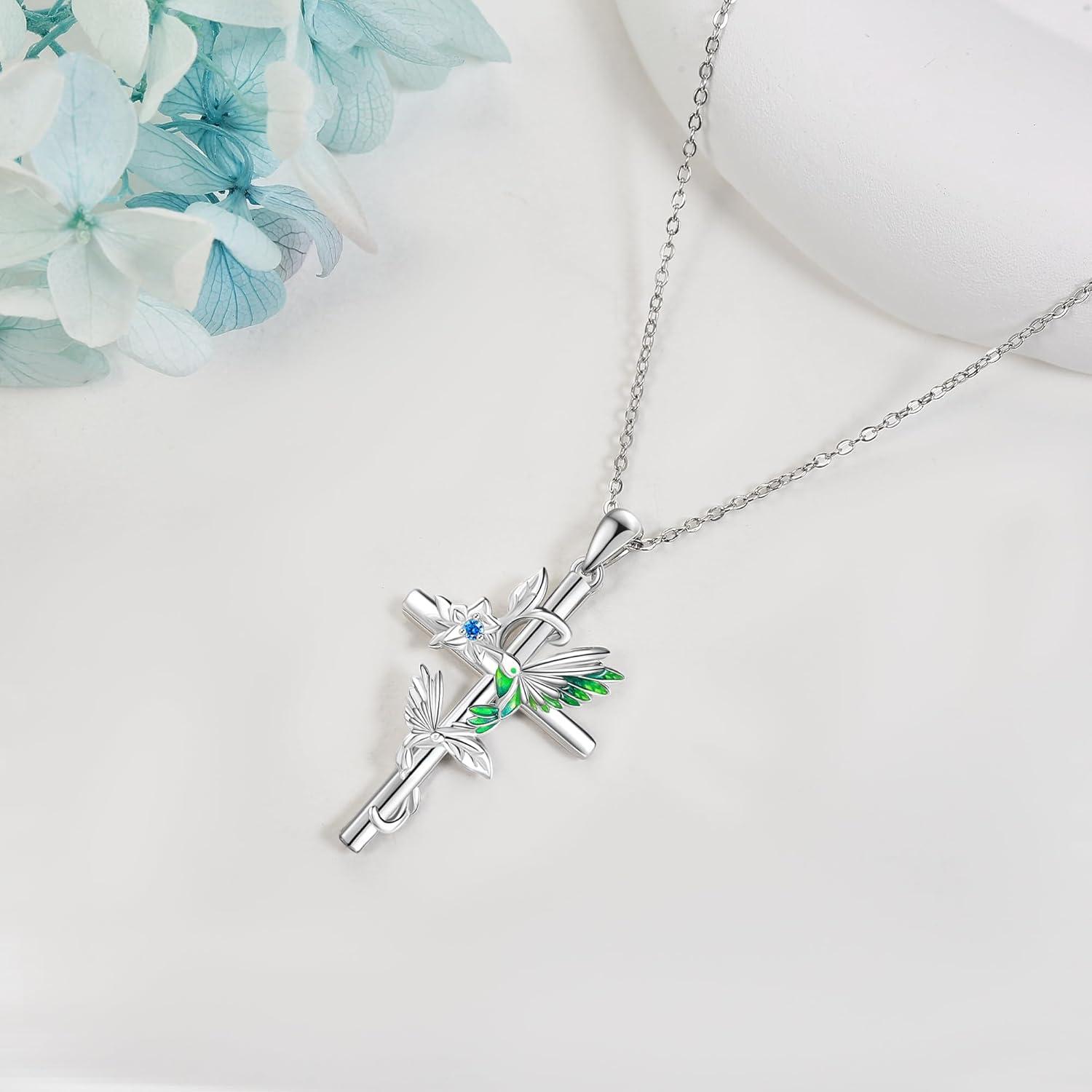 image:imageYFN Hummingbird Necklace 925 Sterling Silver Hummingbird Cross Pendant Necklace Bird with Flower Jewelry Gifts for Women