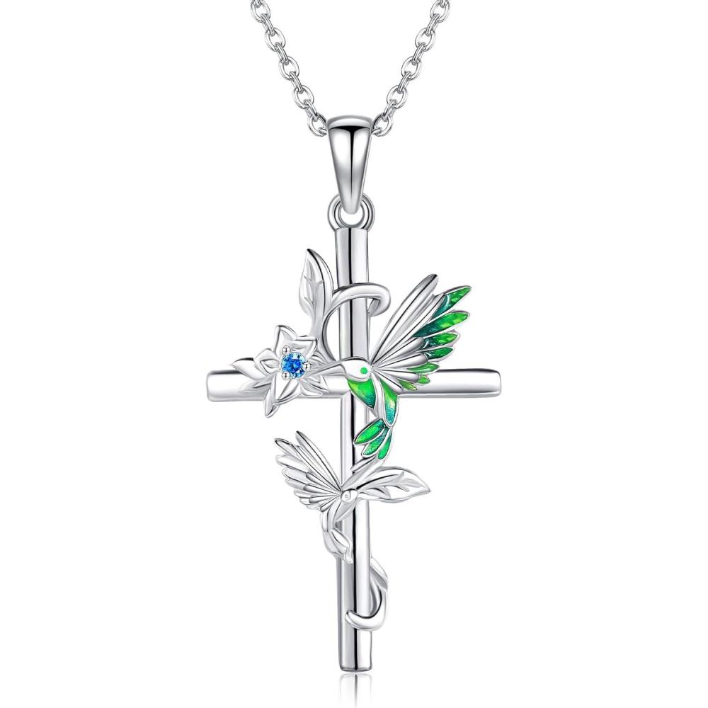 image:imageYFN Hummingbird Necklace 925 Sterling Silver Hummingbird Cross Pendant Necklace Bird with Flower Jewelry Gifts for Women