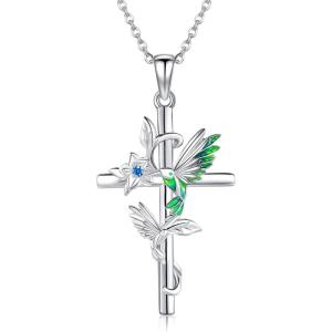 YFN Hummingbird Necklace 925 Sterling Silver Hummingbird Cross Pendant Necklace Bird with Flower Jewelry Gifts for Women
