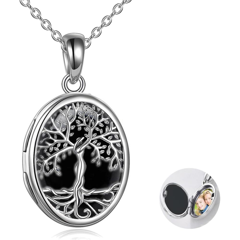 image:imageYFN Locket Necklace That Holds Pictures 925 Sterling Silver Tree of Life Locket Necklace for Women Pendant JewelryBlack onyx