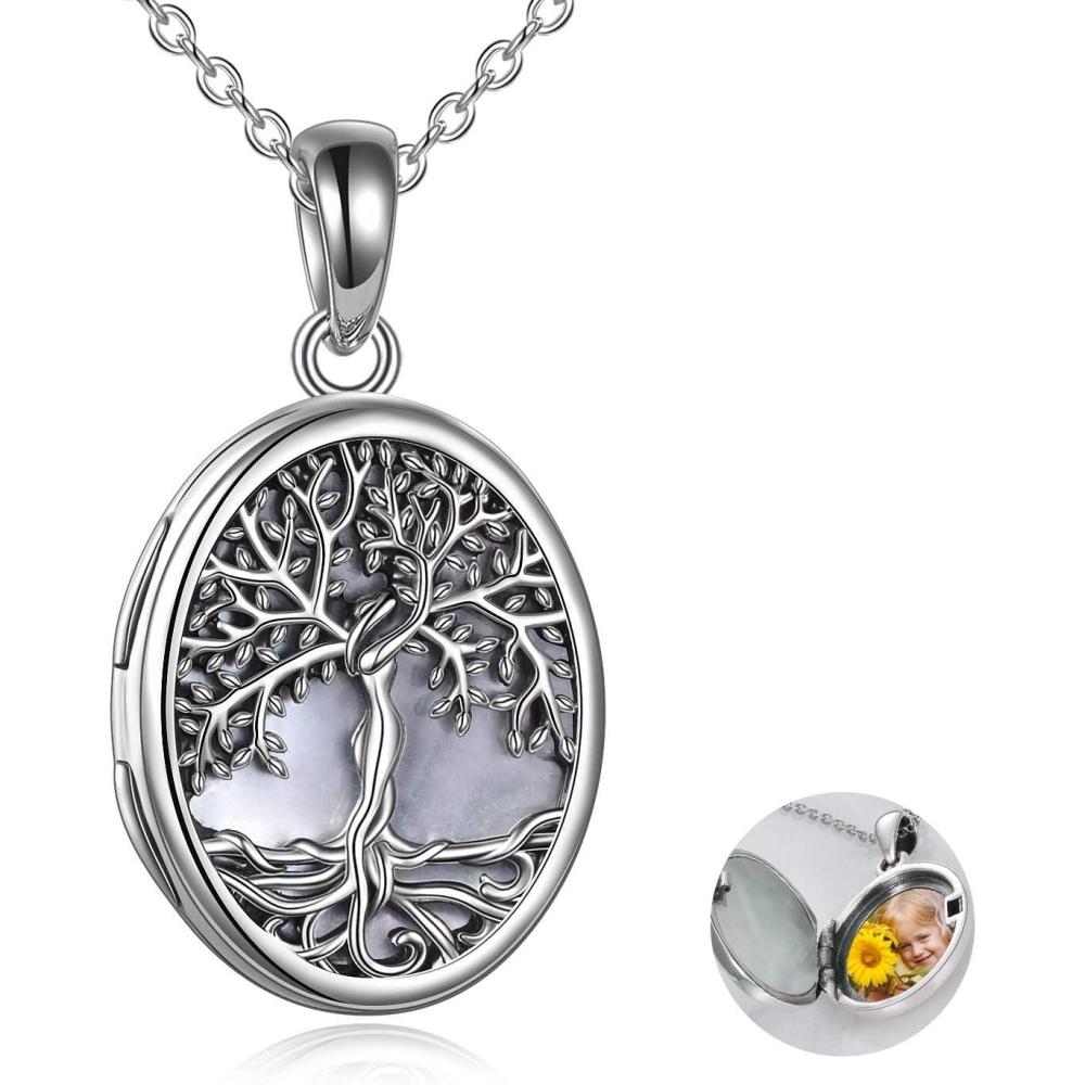 image:imageYFN Locket Necklace That Holds Pictures 925 Sterling Silver Tree of Life Locket Necklace for Women Pendant JewelryWhite mother of pearl