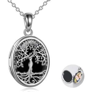 YFN Locket Necklace That Holds Pictures 925 Sterling Silver Tree of Life Locket Necklace for Women Pendant Jewelry(Black onyx)