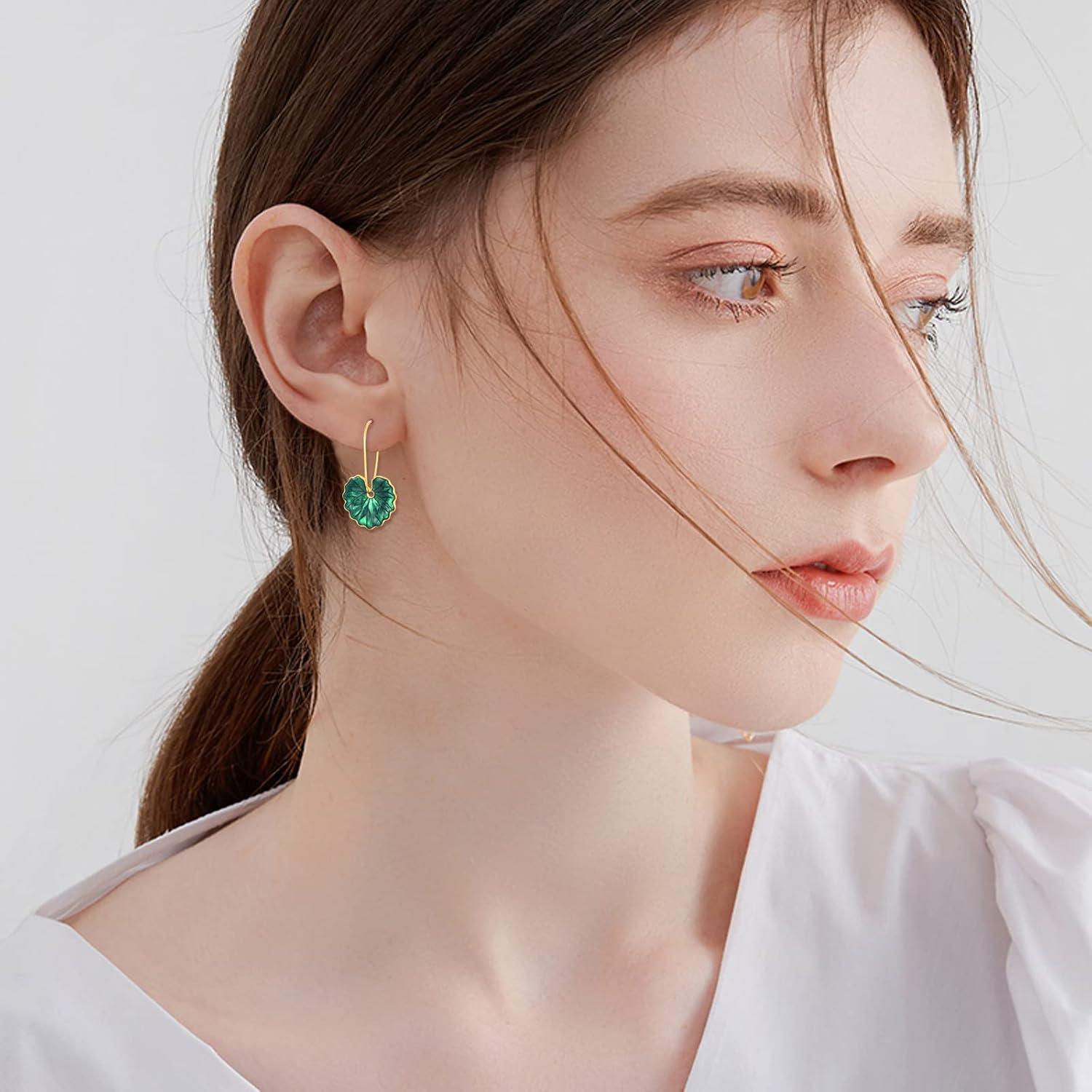 image:imageYFN Bohemian Green Leaf Earrings Drop Earrings for Women Enamel Hoop Earrings Jewelry for Women Leaves Plant Pendant Drop Dangle Earrings Women