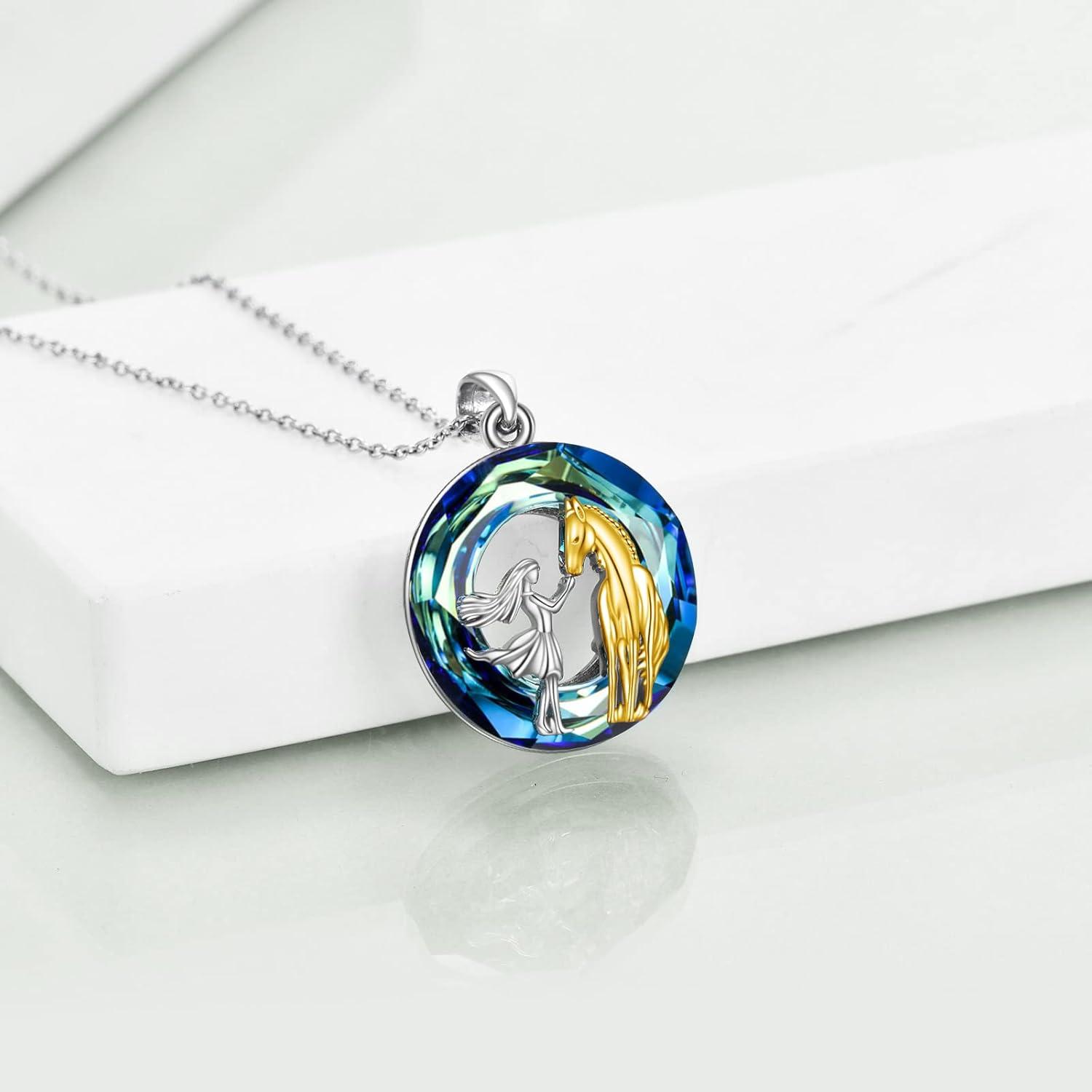 image:imageYFN Horse with Woman Necklace Gifts 925 Sterling Silver with Blue Crystal Pendant Jewelry Horse Gift for Women Daughter Wife