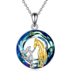YFN Horse with Woman Necklace Gifts 925 Sterling Silver with Blue Crystal Pendant Jewelry Horse Gift for Women Daughter Wife