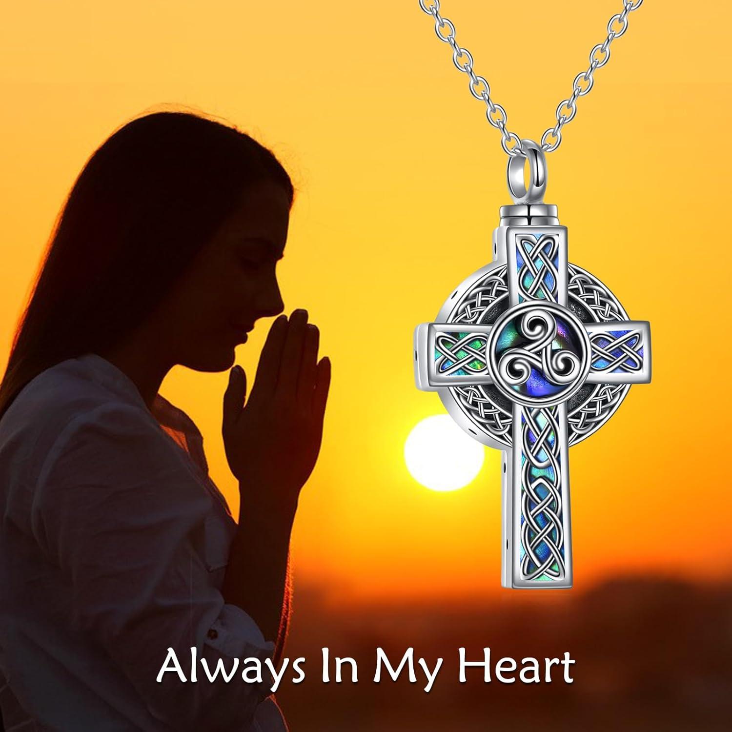 image:imageYFN Celtic Cross Urn Necklace Sterling Silver Celtic Knot Ashes Pendant Abalone Shell Cross Cremation Jewelry Gifts for Women MenTriskele