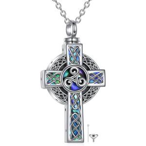 YFN Celtic Cross Urn Necklace Sterling Silver Celtic Knot Ashes Pendant Abalone Shell Cross Cremation Jewelry Gifts for Women Men(Triskele)