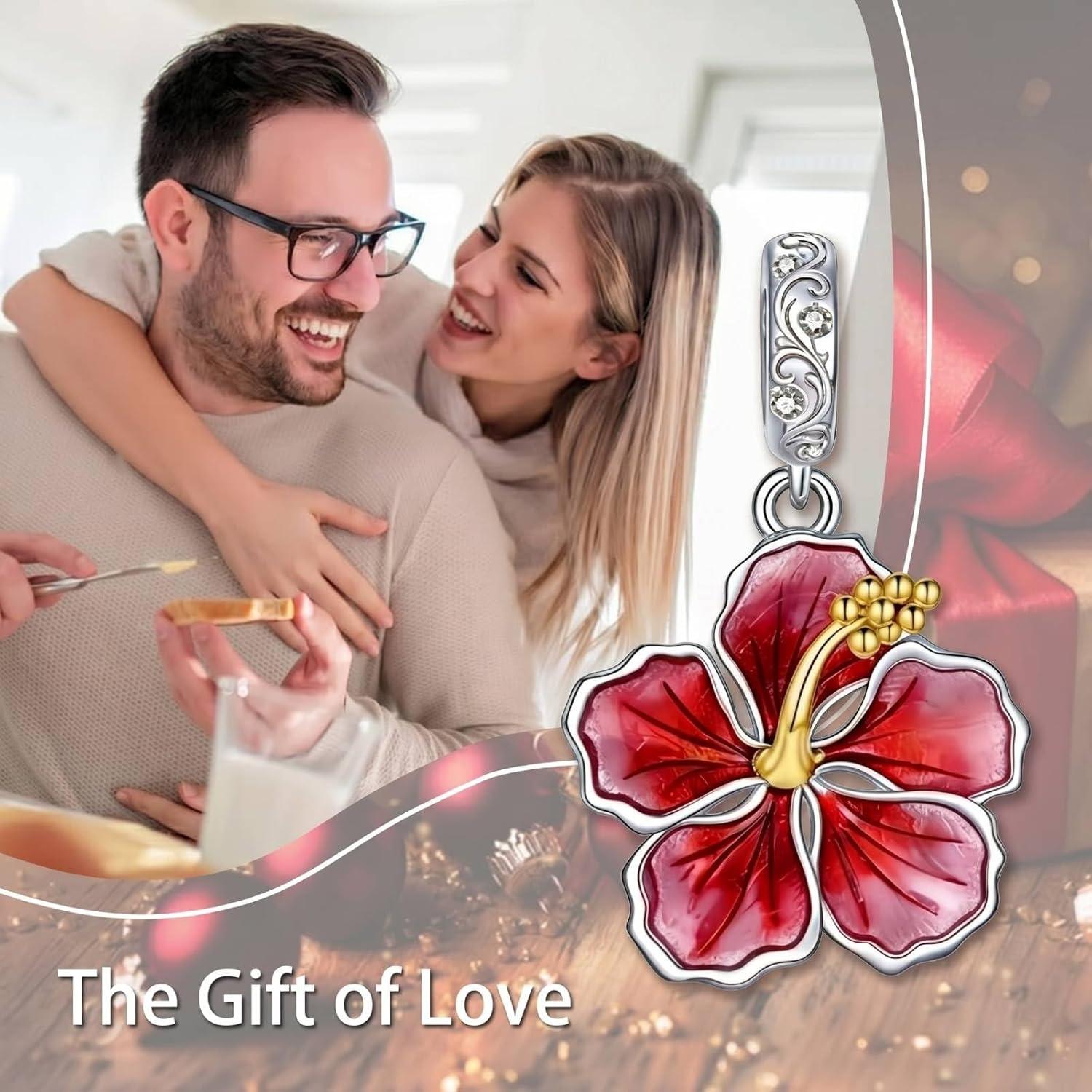 image:imageYFN Charm for Bracelet Necklace HibiscusPink Peony Flower Pendant Necklace Sterling Silver Enamel Flower Jewelry Gifts for Women Mother GiftsSilver AHibiscus Flower Charm