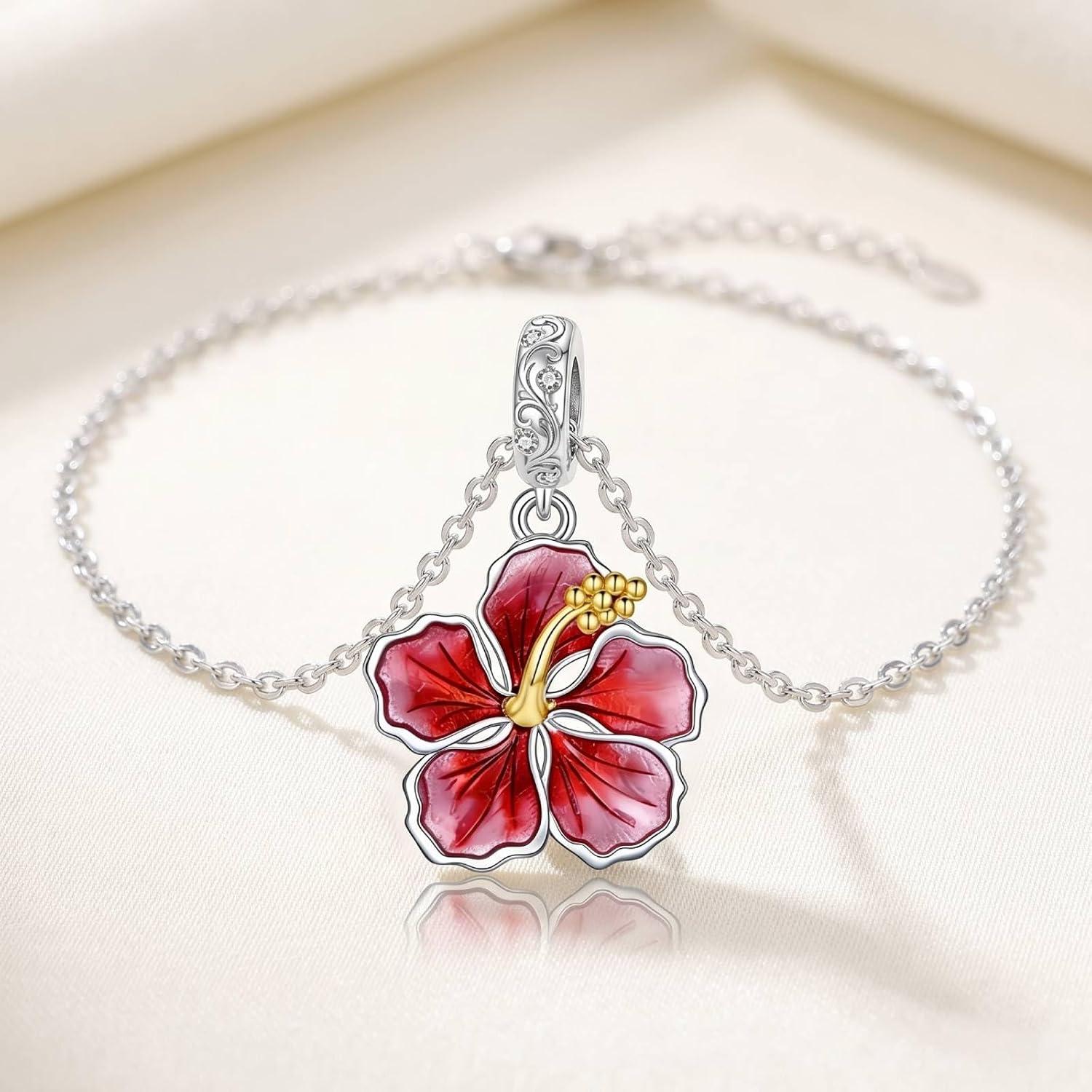 image:imageYFN Charm for Bracelet Necklace HibiscusPink Peony Flower Pendant Necklace Sterling Silver Enamel Flower Jewelry Gifts for Women Mother GiftsSilver AHibiscus Flower Charm