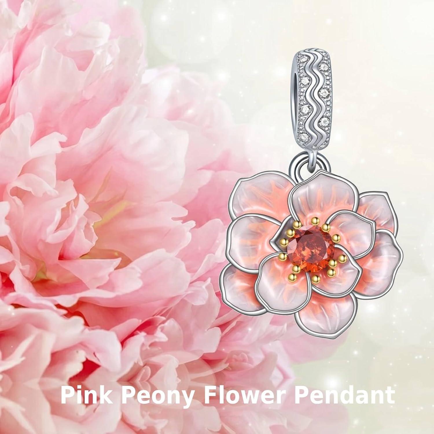 image:imageYFN Charm for Bracelet Necklace HibiscusPink Peony Flower Pendant Necklace Sterling Silver Enamel Flower Jewelry Gifts for Women Mother GiftsSilver BPink Peony Flower Charm