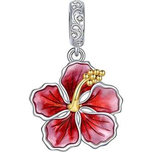 YFN Charm for Bracelet Necklace Hibiscus/Pink Peony Flower Pendant Necklace Sterling Silver Enamel Flower Jewelry Gifts for Women Mother Gifts(Silver A-Hibiscus Flower Charm)