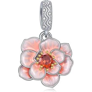 YFN Charm for Bracelet Necklace Hibiscus/Pink Peony Flower Pendant Necklace Sterling Silver Enamel Flower Jewelry Gifts for Women Mother Gifts(Silver B-Pink Peony Flower Charm)