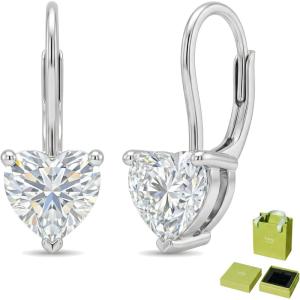 YFN Moissanite Earrings 18K White Gold Plated 925 Sterling Silver D Color VVS1 Clarity Lab-Grown Moissanite Dangle Drop Leverback Earrings Jewelry Valentine Anniversary Birthday Gifts for Women(Heart 2 CT (1 CT Each))