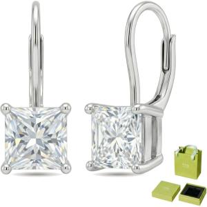 YFN Moissanite Earrings 18K White Gold Plated 925 Sterling Silver D Color VVS1 Clarity Lab-Grown Moissanite Dangle Drop Leverback Earrings Jewelry Valentine Anniversary Birthday Gifts for Women(Princess Cut 4 CT (2 CT Each))