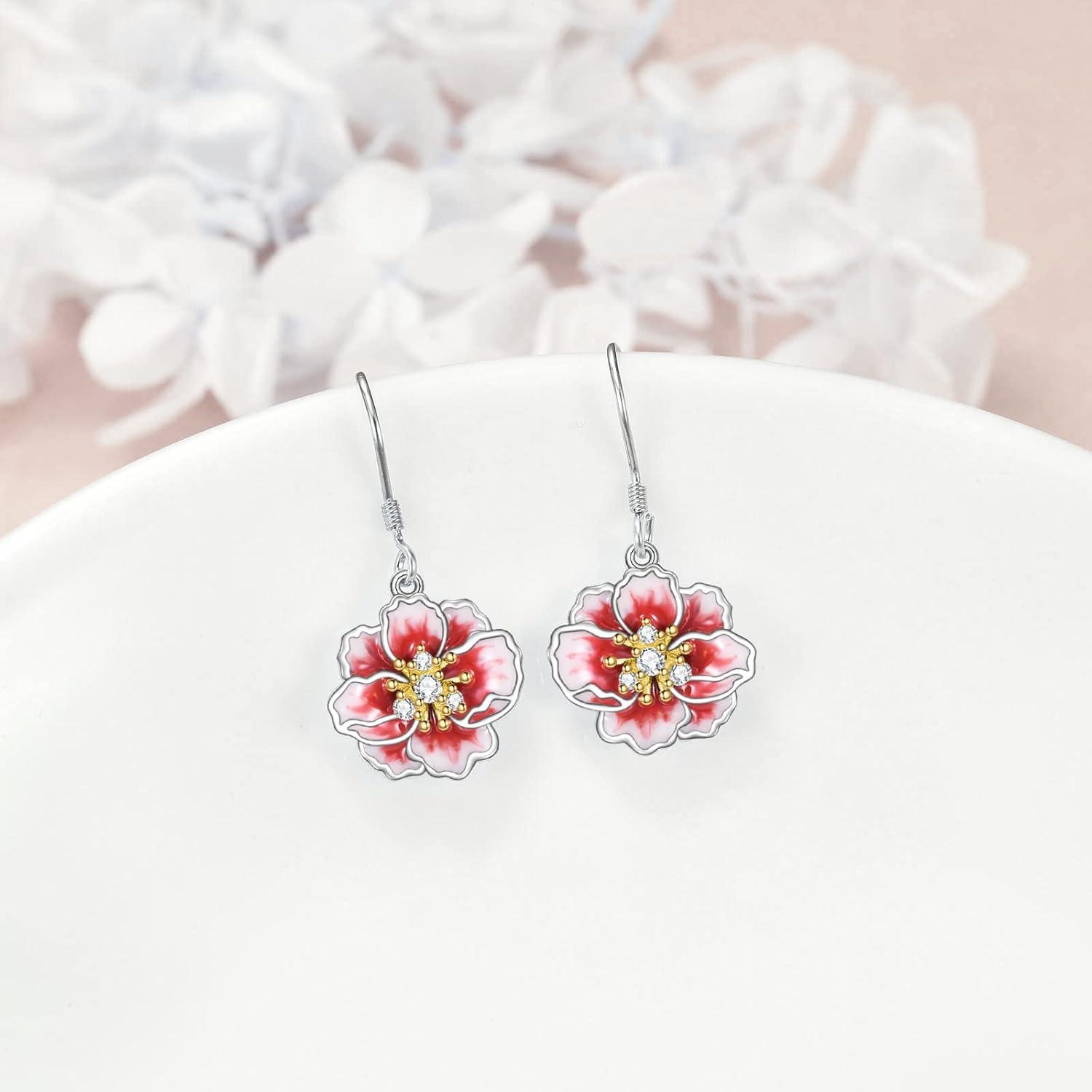 image:imageYFN PeonyCherry Flower Earrings Sterling Silver Pink Enamel Flower Dangle Drop Earrings Jewelry Gifts for WomenPinkPeony Flower Earrings