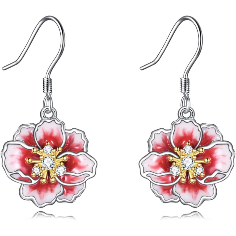 image:imageYFN PeonyCherry Flower Earrings Sterling Silver Pink Enamel Flower Dangle Drop Earrings Jewelry Gifts for WomenPinkPeony Flower Earrings