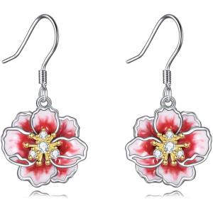 YFN Peony/Cherry Flower Earrings Sterling Silver Pink Enamel Flower Dangle Drop Earrings Jewelry Gifts for Women(Pink-Peony Flower Earrings)