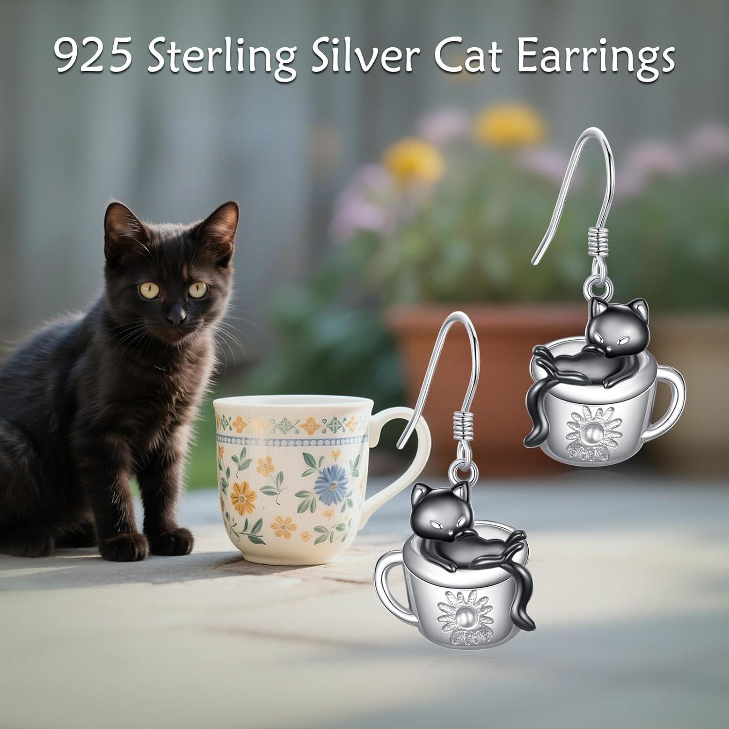 image:imageYFN 925 Sterling Silver Animal Earrings for Women HummingbirdCatHighland CowSea Turtle Dangle Earrings Jewelry for Christmas Valentines Day Mothers Day Birthday Gift Box IncludedCat 3