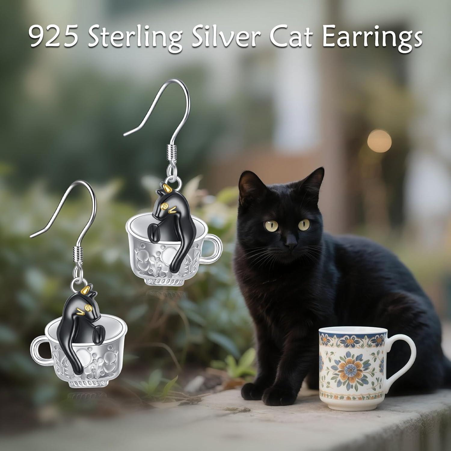 image:imageYFN 925 Sterling Silver Animal Earrings for Women HummingbirdCatHighland CowSea Turtle Dangle Earrings Jewelry for Christmas Valentines Day Mothers Day Birthday Gift Box IncludedCat 1