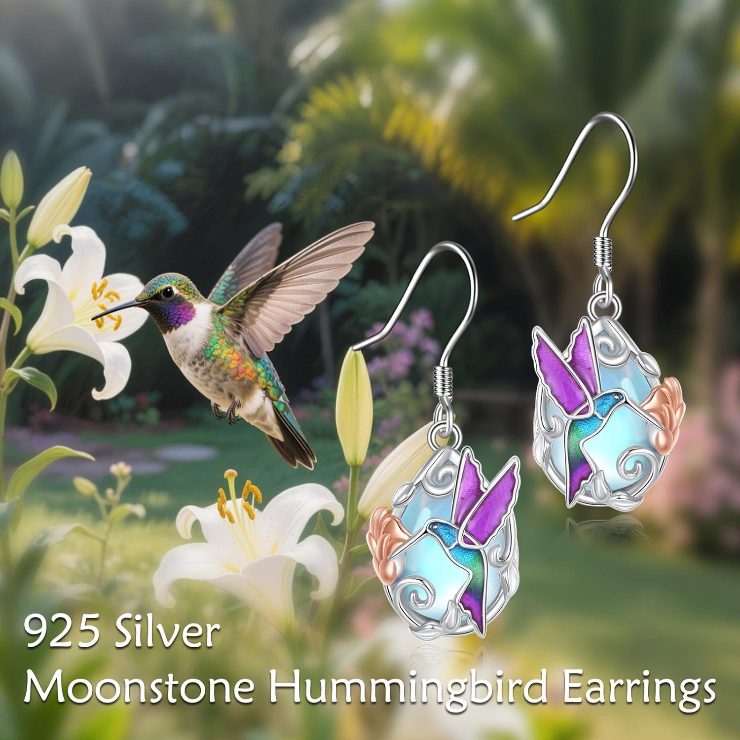 image:imageYFN 925 Sterling Silver Animal Earrings for Women HummingbirdCatHighland CowSea Turtle Dangle Earrings Jewelry for Christmas Valentines Day Mothers Day Birthday Gift Box IncludedHummingbird Moonstone 01