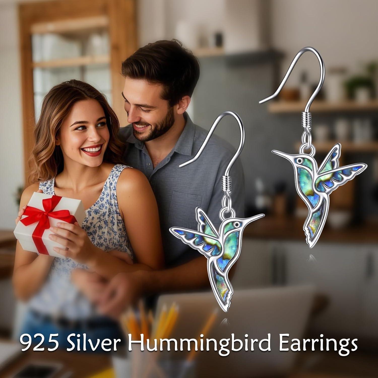 image:imageYFN 925 Sterling Silver Animal Earrings for Women HummingbirdCatHighland CowSea Turtle Dangle Earrings Jewelry for Christmas Valentines Day Mothers Day Birthday Gift Box IncludedHummingbird Abalone 02