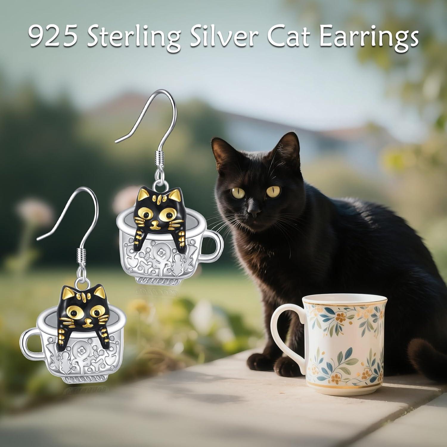 image:imageYFN 925 Sterling Silver Animal Earrings for Women HummingbirdCatHighland CowSea Turtle Dangle Earrings Jewelry for Christmas Valentines Day Mothers Day Birthday Gift Box IncludedCat 2