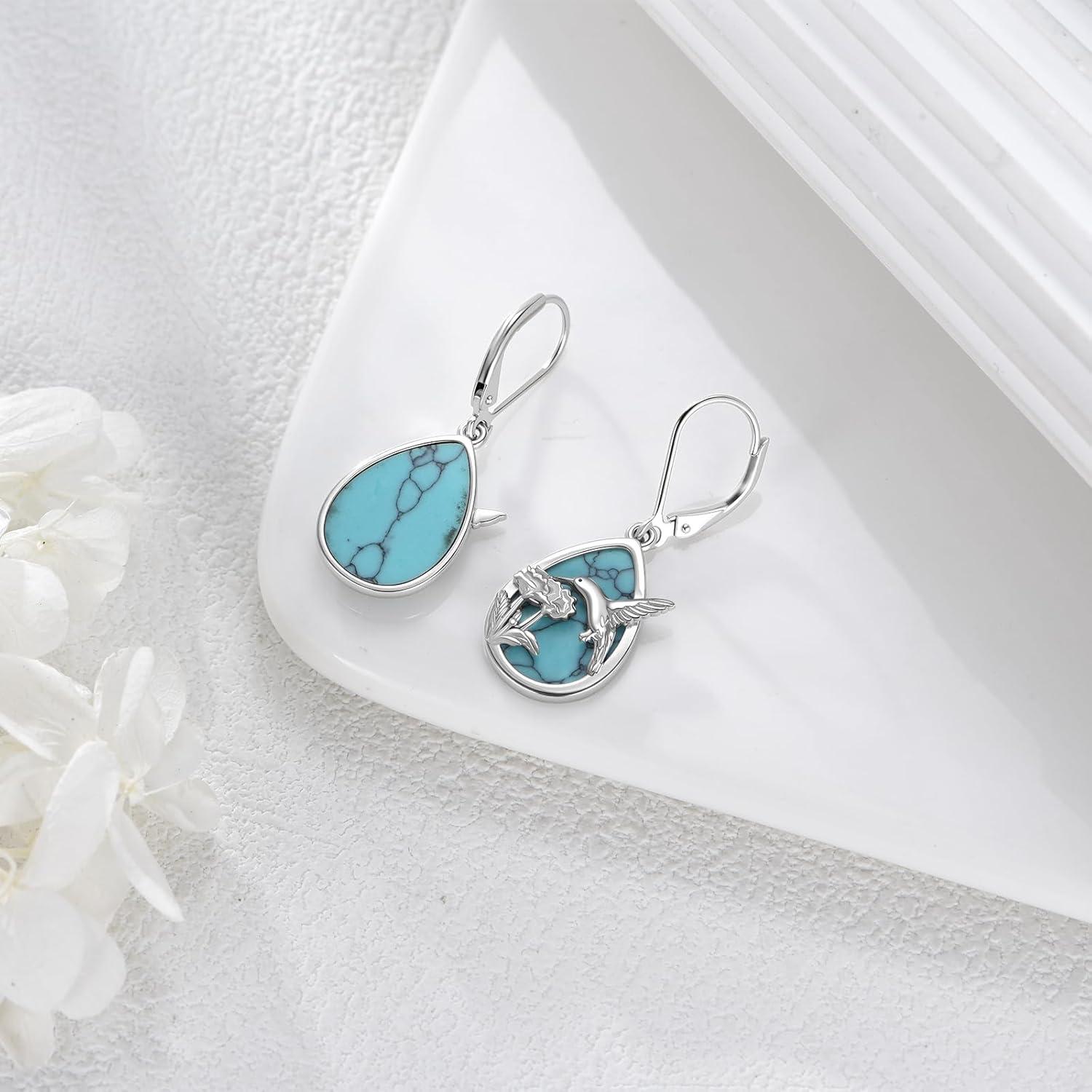 image:imageYFN 925 Sterling Silver Animal Earrings for Women HummingbirdCatHighland CowSea Turtle Dangle Earrings Jewelry for Christmas Valentines Day Mothers Day Birthday Gift Box IncludedHummingbird Turquoise 01