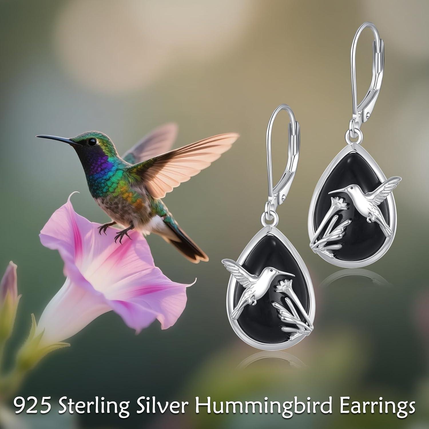 image:imageYFN 925 Sterling Silver Animal Earrings for Women HummingbirdCatHighland CowSea Turtle Dangle Earrings Jewelry for Christmas Valentines Day Mothers Day Birthday Gift Box IncludedHummingbird Black Tourmaline 01