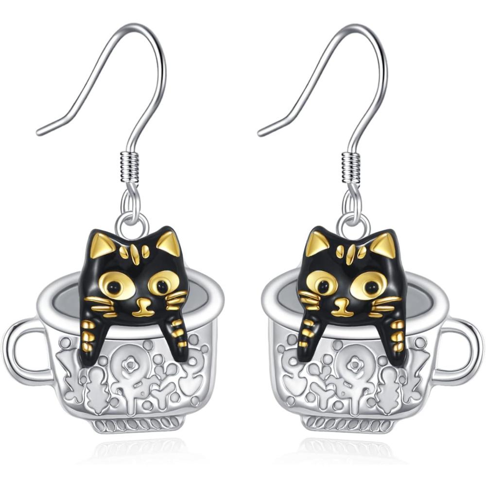 image:imageYFN 925 Sterling Silver Animal Earrings for Women HummingbirdCatHighland CowSea Turtle Dangle Earrings Jewelry for Christmas Valentines Day Mothers Day Birthday Gift Box IncludedCat 2