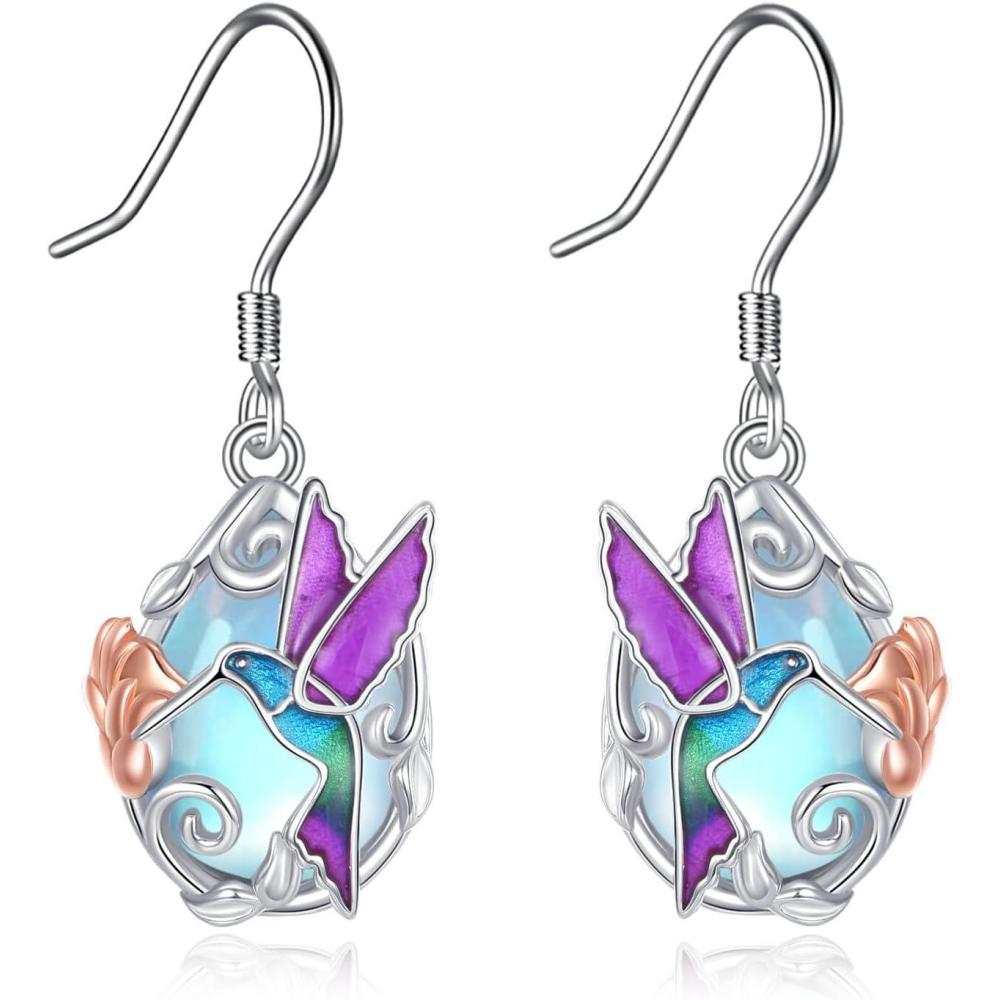 image:imageYFN 925 Sterling Silver Animal Earrings for Women HummingbirdCatHighland CowSea Turtle Dangle Earrings Jewelry for Christmas Valentines Day Mothers Day Birthday Gift Box IncludedHummingbird Moonstone 01