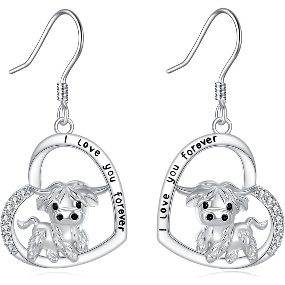 image:imageYFN 925 Sterling Silver Animal Earrings for Women HummingbirdCatHighland CowSea Turtle Dangle Earrings Jewelry for Christmas Valentines Day Mothers Day Birthday Gift Box IncludedHighland Cow 3