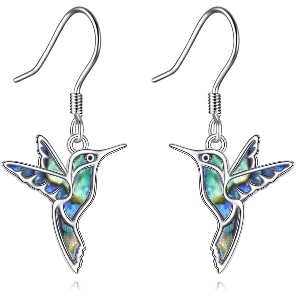 image:imageYFN 925 Sterling Silver Animal Earrings for Women HummingbirdCatHighland CowSea Turtle Dangle Earrings Jewelry for Christmas Valentines Day Mothers Day Birthday Gift Box IncludedHummingbird Abalone 02