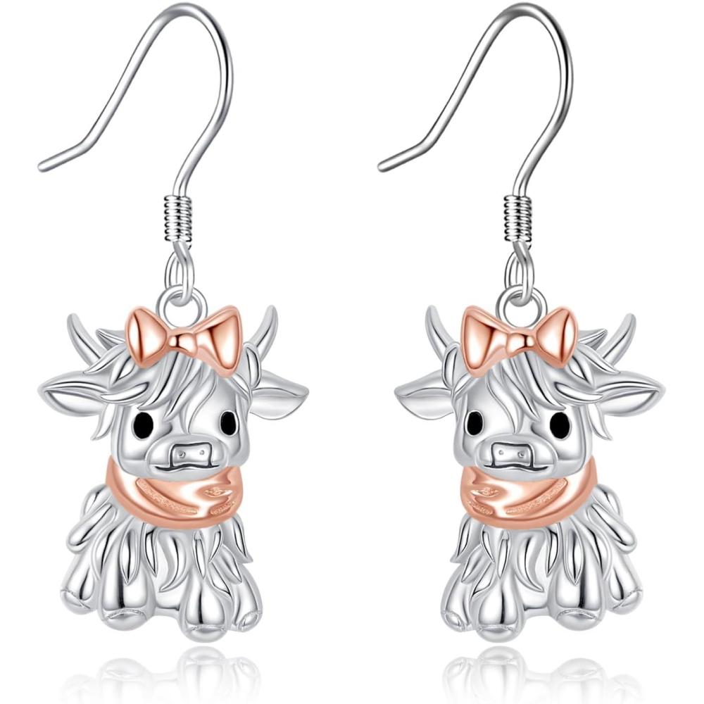 image:imageYFN 925 Sterling Silver Animal Earrings for Women HummingbirdCatHighland CowSea Turtle Dangle Earrings Jewelry for Christmas Valentines Day Mothers Day Birthday Gift Box IncludedHighland Cow 4