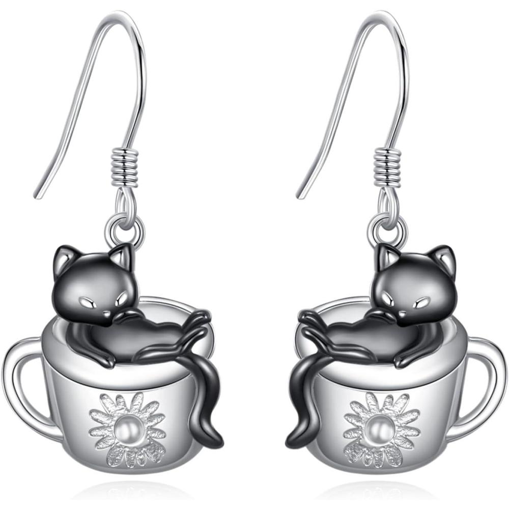 image:imageYFN 925 Sterling Silver Animal Earrings for Women HummingbirdCatHighland CowSea Turtle Dangle Earrings Jewelry for Christmas Valentines Day Mothers Day Birthday Gift Box IncludedCat 3
