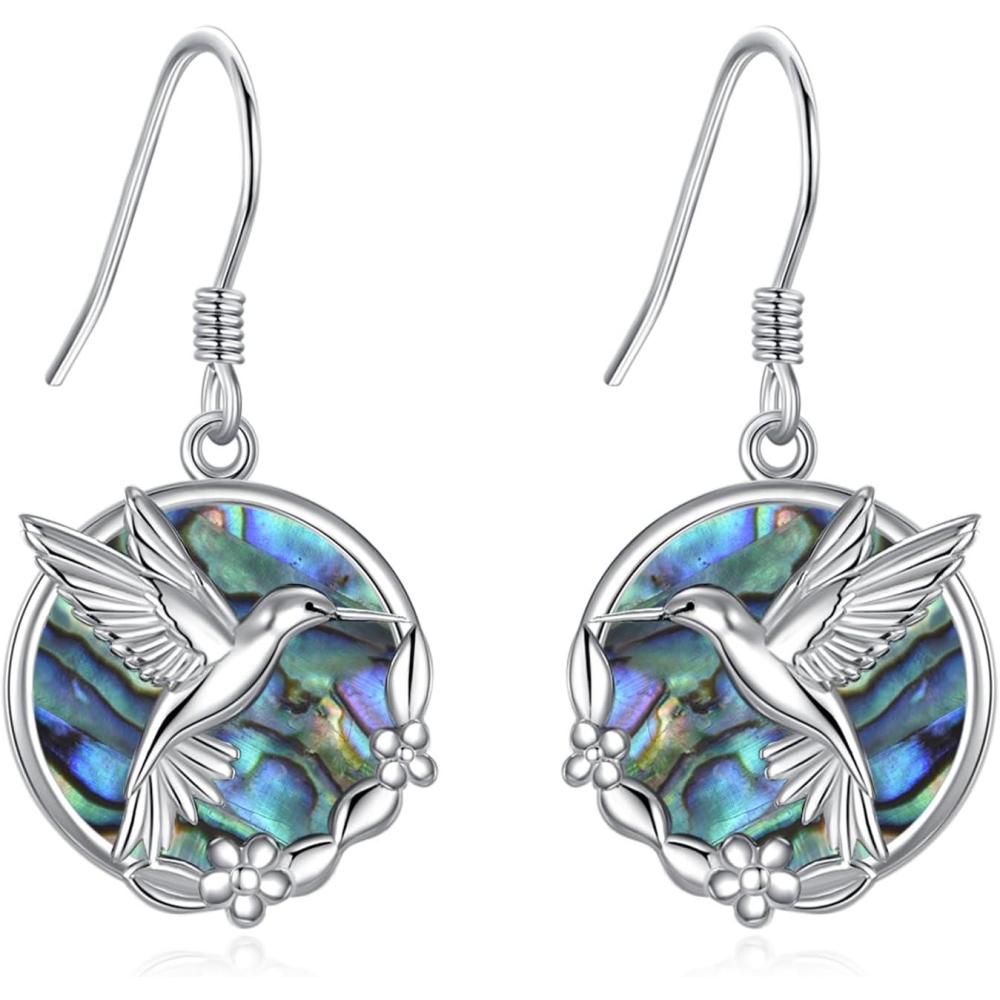 image:imageYFN 925 Sterling Silver Animal Earrings for Women HummingbirdCatHighland CowSea Turtle Dangle Earrings Jewelry for Christmas Valentines Day Mothers Day Birthday Gift Box IncludedHummingbird Abalone 03