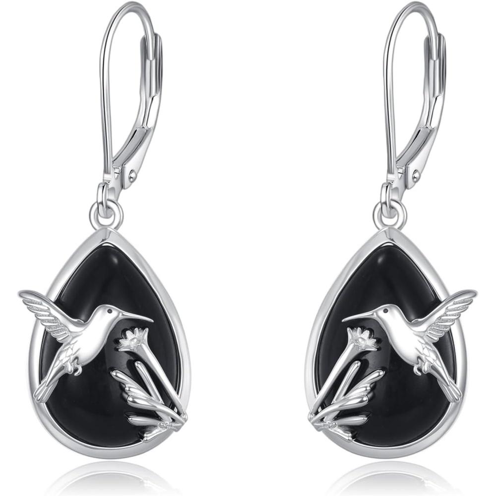 image:imageYFN 925 Sterling Silver Animal Earrings for Women HummingbirdCatHighland CowSea Turtle Dangle Earrings Jewelry for Christmas Valentines Day Mothers Day Birthday Gift Box IncludedHummingbird Black Tourmaline 01