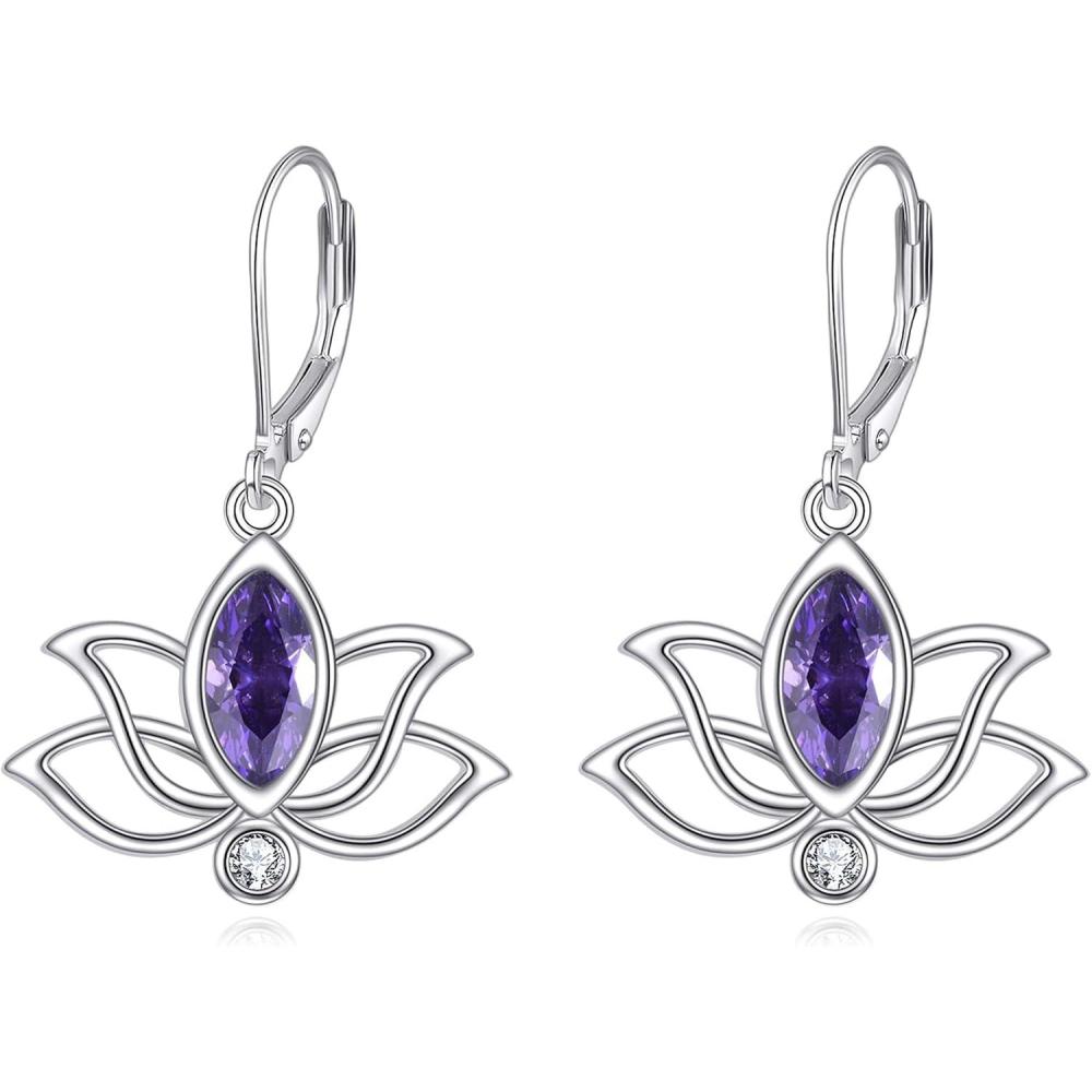 image:imageYFN Lotus Flower Earrings Sterling Silver Birthstone Lotus Leverback Dangle Drop Earrings Jewelry Gifts for WomenB Feb