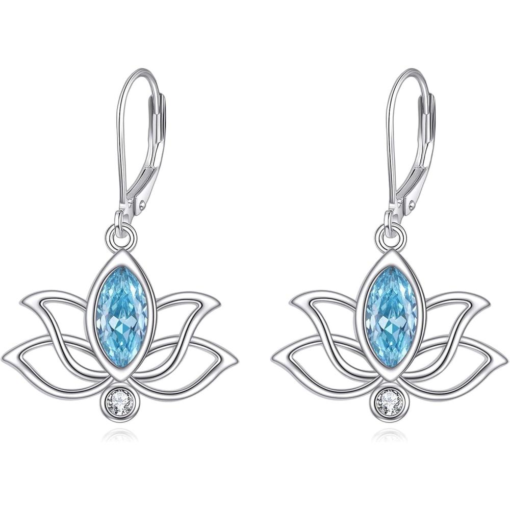 image:imageYFN Lotus Flower Earrings Sterling Silver Birthstone Lotus Leverback Dangle Drop Earrings Jewelry Gifts for WomenC Mar