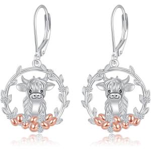 YFN 925 Sterling Silver Animal Earrings for Women Hummingbird/Cat/Highland Cow/Sea Turtle Dangle Earrings Jewelry for Christmas, Valentine’s Day, Mother’s Day, Birthday – Gift Box Included(Highland Cow 2)