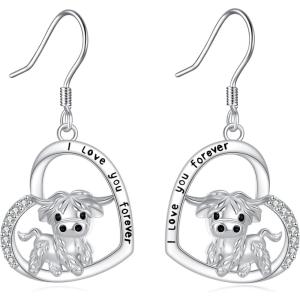 YFN 925 Sterling Silver Animal Earrings for Women Hummingbird/Cat/Highland Cow/Sea Turtle Dangle Earrings Jewelry for Christmas, Valentine’s Day, Mother’s Day, Birthday – Gift Box Included(Highland Cow 3)