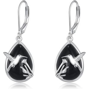 YFN 925 Sterling Silver Animal Earrings for Women Hummingbird/Cat/Highland Cow/Sea Turtle Dangle Earrings Jewelry for Christmas, Valentine’s Day, Mother’s Day, Birthday – Gift Box Included(Hummingbird  Black Tourmaline  01)