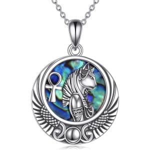 YFN Egyptian Necklace Sterling Silver Egypt God Pendant Abalone Shell Egypt Jewelry Gifts for Women Men(Bastet Goddess)