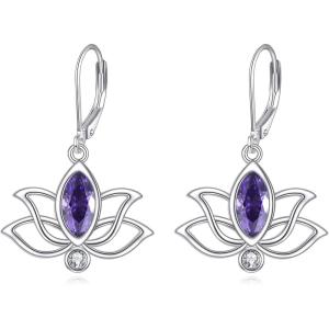 YFN Lotus Flower Earrings Sterling Silver Birthstone Lotus Leverback Dangle Drop Earrings Jewelry Gifts for Women(B. Feb)
