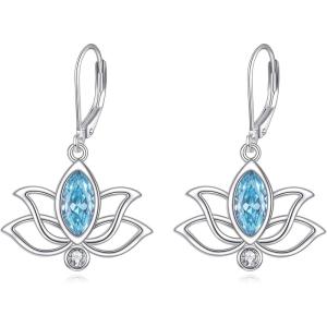 YFN Lotus Flower Earrings Sterling Silver Birthstone Lotus Leverback Dangle Drop Earrings Jewelry Gifts for Women(C. Mar)